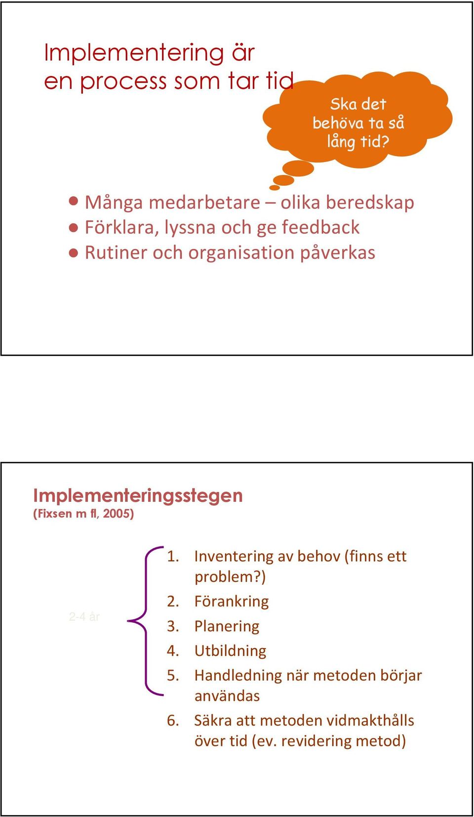 Implementeringsstegen (Fixsen m fl, 2005) 2-4 år 1. Inventering av behov (finns ett problem?) 2. Förankring 3.