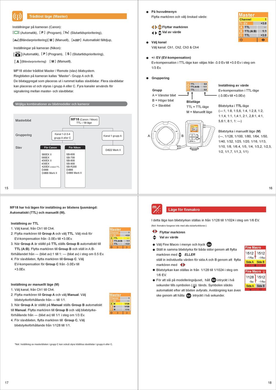 (Slutartidsprioritering), +/- (-kopensation) Ev-kopensation i TTL-läge kan väljas från -3.0 Ev till +3.0 Ev i steg o 1/3 Ev. MF18 stöder trådlöst Master / Reote (slav) blixtsyste.