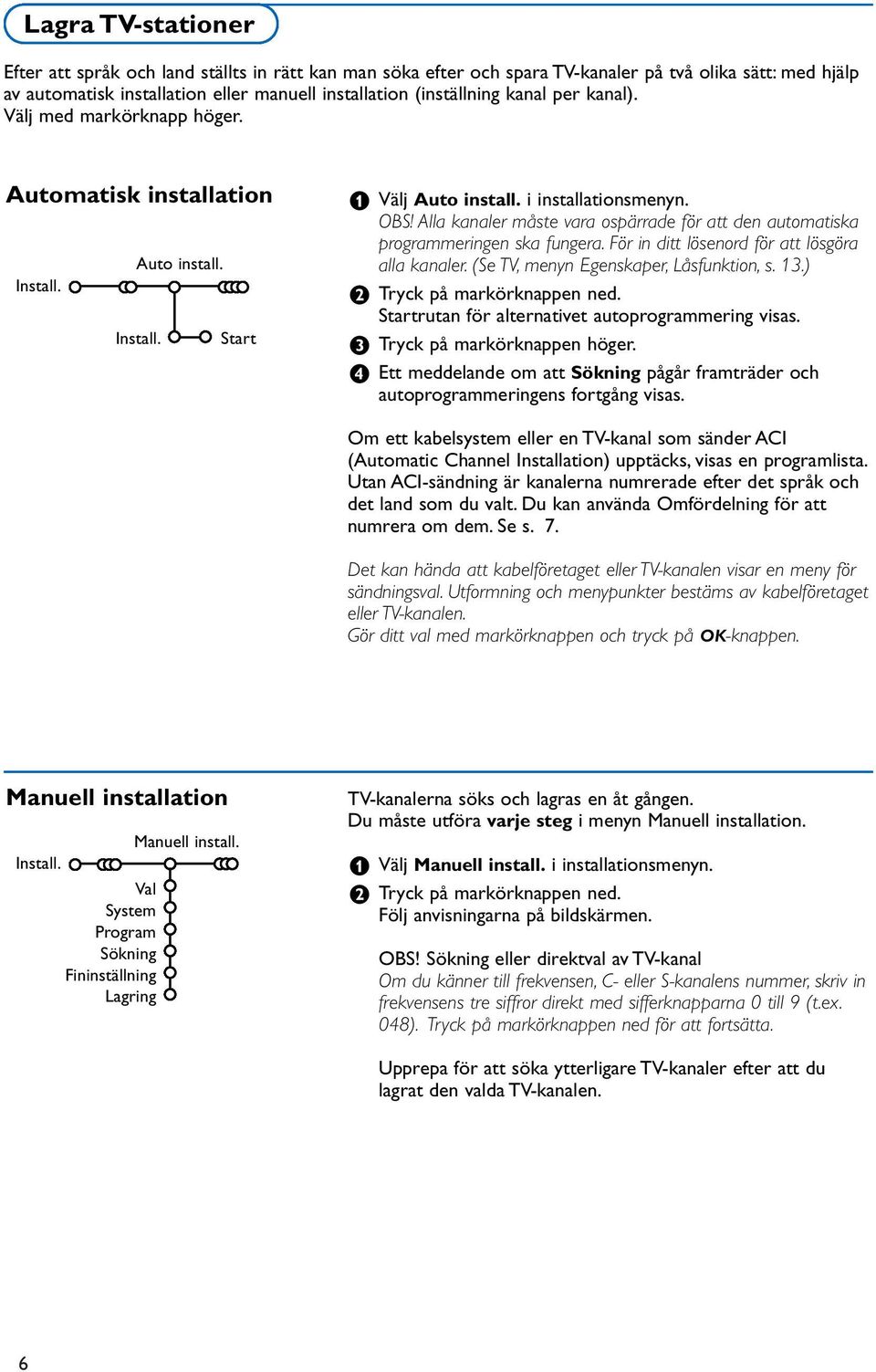 Alla kanaler måste vara ospärrade för att den automatiska programmeringen ska fungera. För in ditt lösenord för att lösgöra alla kanaler. (Se TV, menyn Egenskaper, Låsfunktion, s. 13.