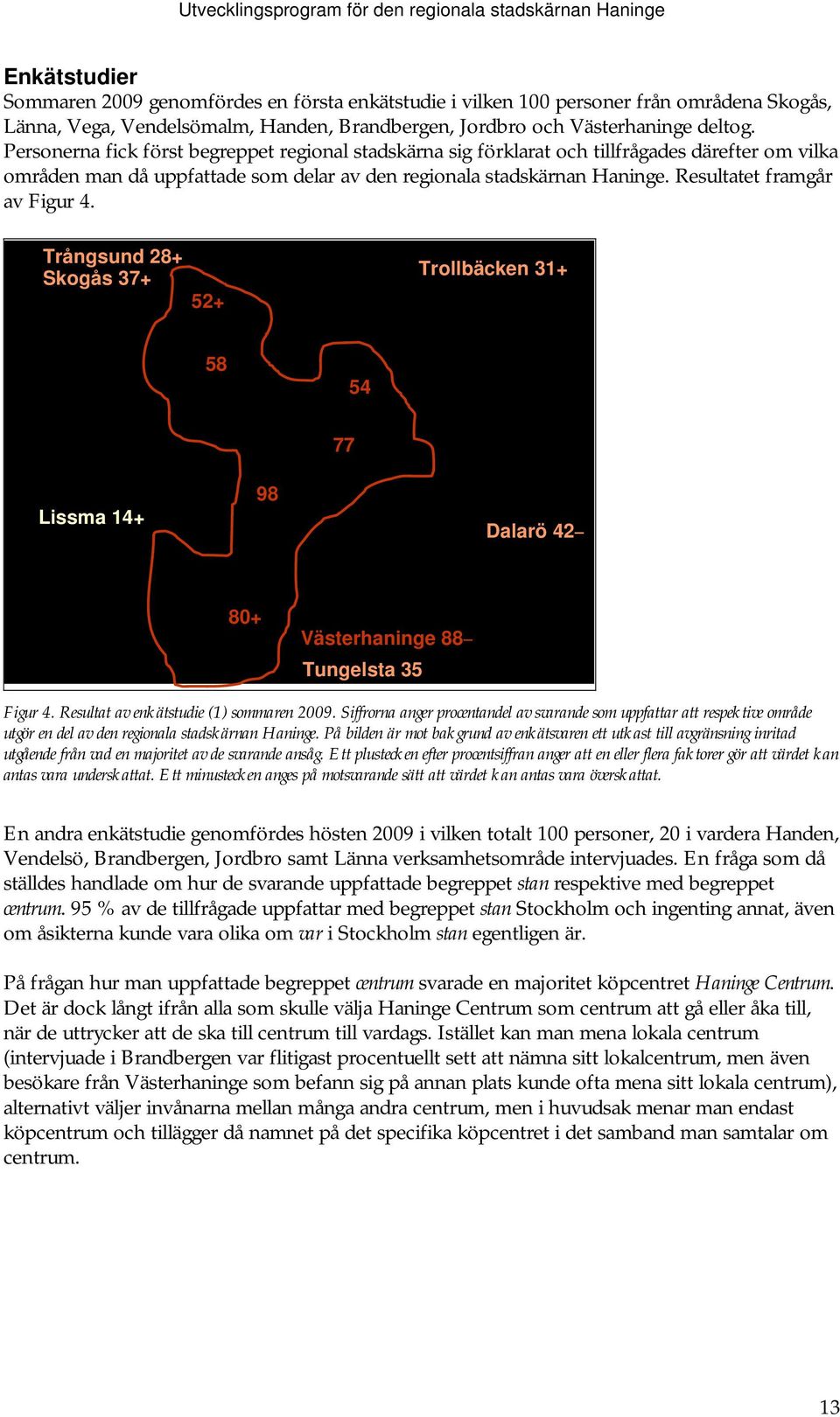 Personerna fick först begreppet regional stadskärna sig förklarat och tillfrågades därefter om vilka områden man då uppfattade som delar av den regionala stadskärnan Haninge.