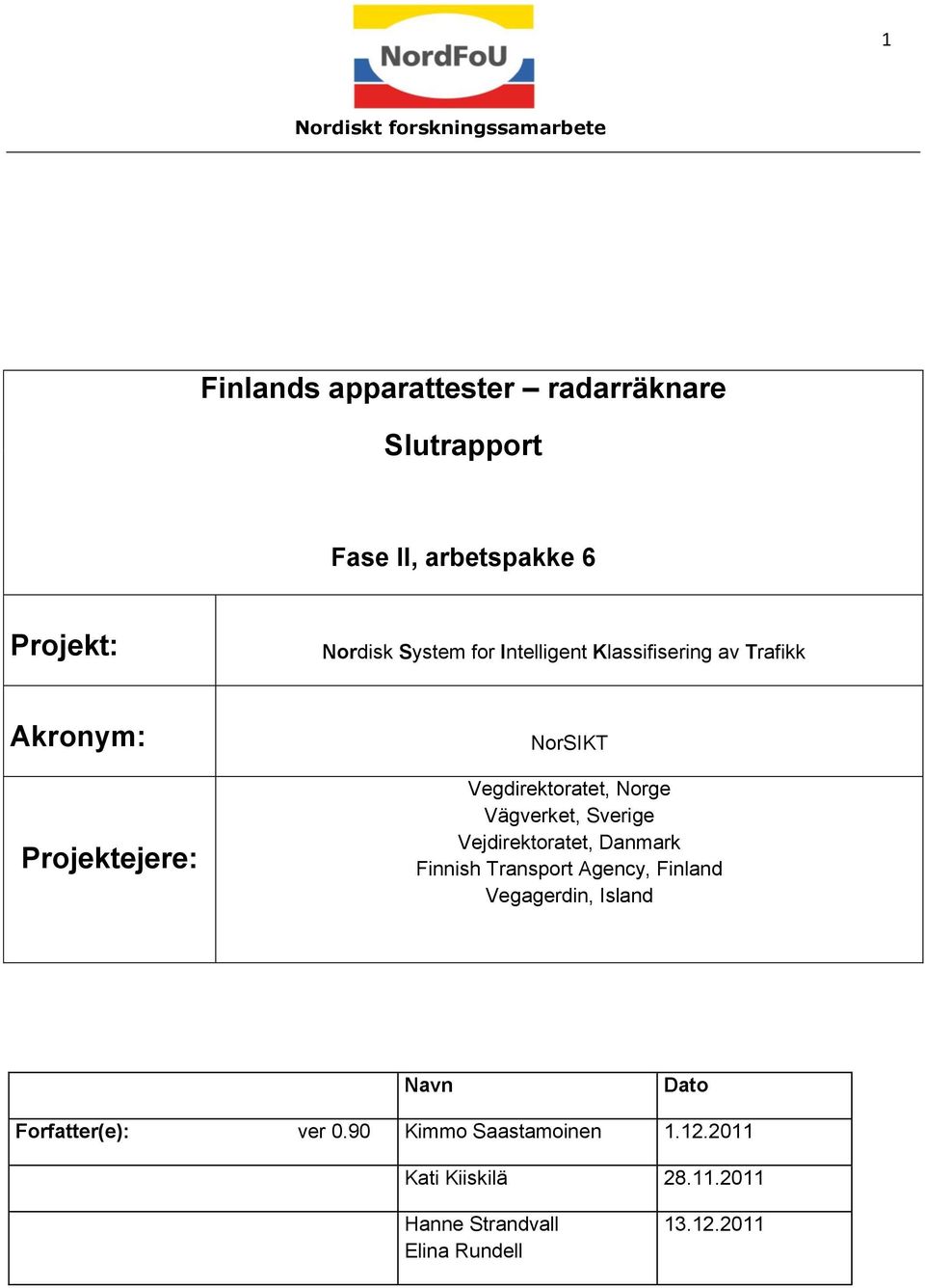 Sverige Vejdirektoratet, Danmark Finnish Transport Agency, Finland Vegagerdin, Island Navn Dato