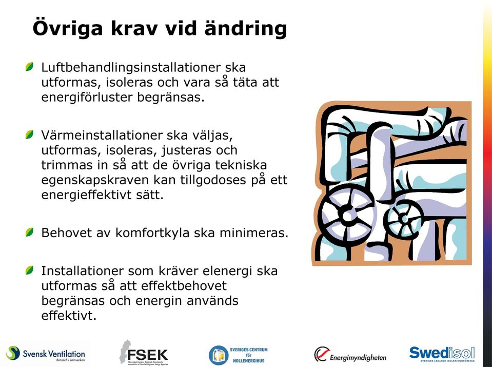 Värmeinstallationer ska väljas, utformas, isoleras, justeras och trimmas in så att de övriga tekniska