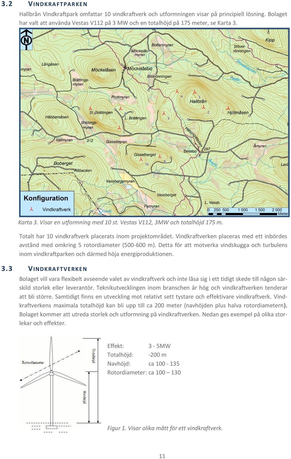 Totalt har 10 vindkraftverk placerats inom projektområdet. Vindkraftverken placeras med ett inbördes avstånd med omkring 5 rotordiameter (500-600 m).