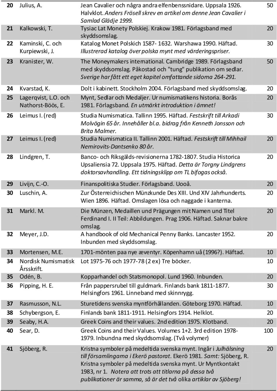 Illustrerad katalog över polska mynt med värderingspriser. 23 Kranister, W. The Moneymakers international. Cambridge 1989. Förlagsband med skyddsomslag. Påkostad och "tung" publikation om sedlar.