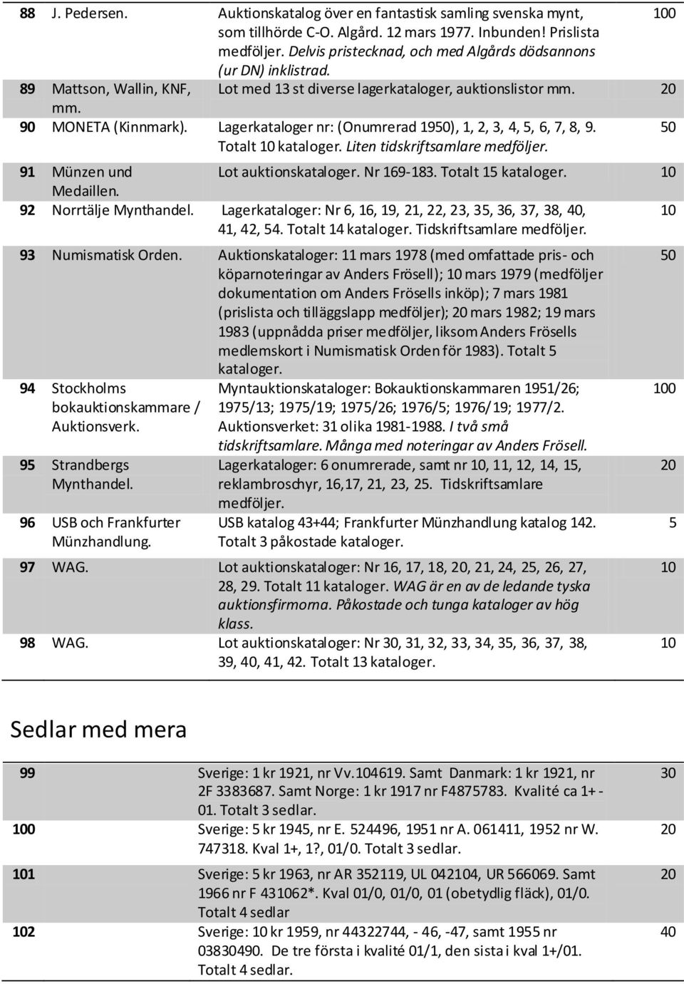 Lagerkataloger nr: (Onumrerad 19), 1, 2, 3, 4, 5, 6, 7, 8, 9. Totalt kataloger. Liten tidskriftsamlare medföljer. 91 Münzen und Lot auktionskataloger. Nr 169-183. Totalt 15 kataloger. Medaillen.