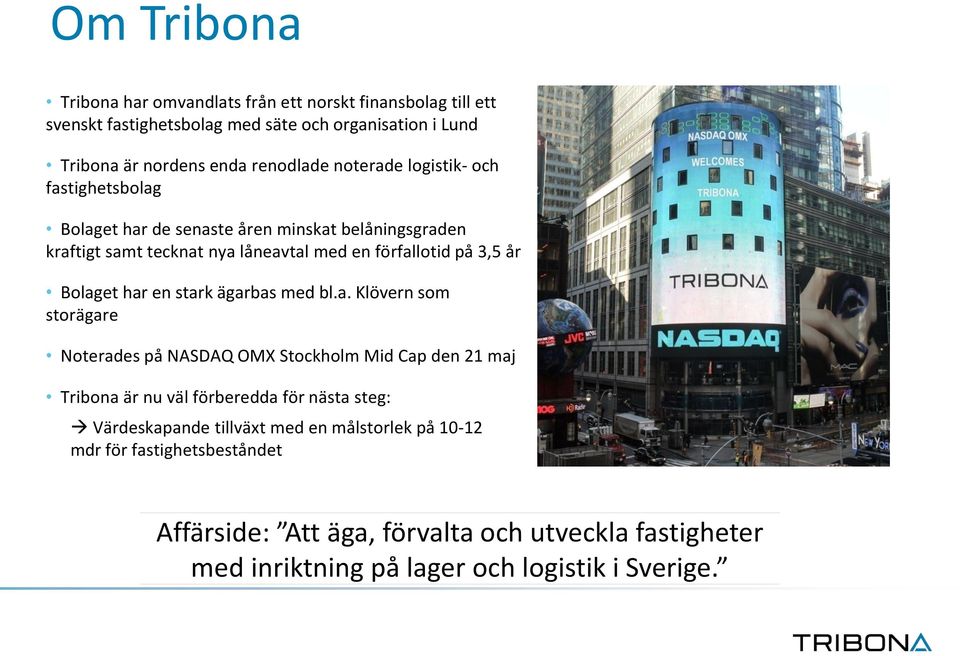 har en stark ägarbas med bl.a. Klövern som storägare Noterades på NASDAQ OMX Stockholm Mid Cap den 21 maj Tribona är nu väl förberedda för nästa steg:
