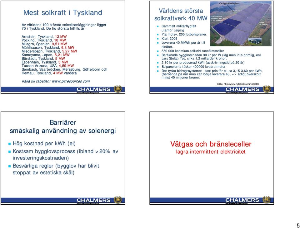 Tyskland, 5 MW Espenhain, Tyskland, 5 MW Tucson Arizona, USA, 4,59 MW Sembach, Saarbrücken cken, Merseburg, Göttelborn och Hemau, Tyskland, 4 MW vardera Källa till tabellen: www.pvresources.