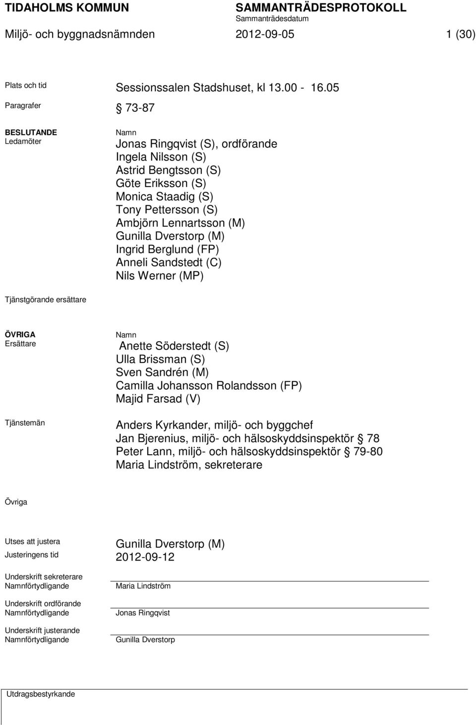 Gunilla Dverstorp (M) Ingrid Berglund (FP) Anneli Sandstedt (C) Nils Werner (MP) Tjänstgörande ersättare ÖVRIGA Ersättare Tjänstemän Namn Anette Söderstedt (S) Ulla Brissman (S) Sven Sandrén (M)