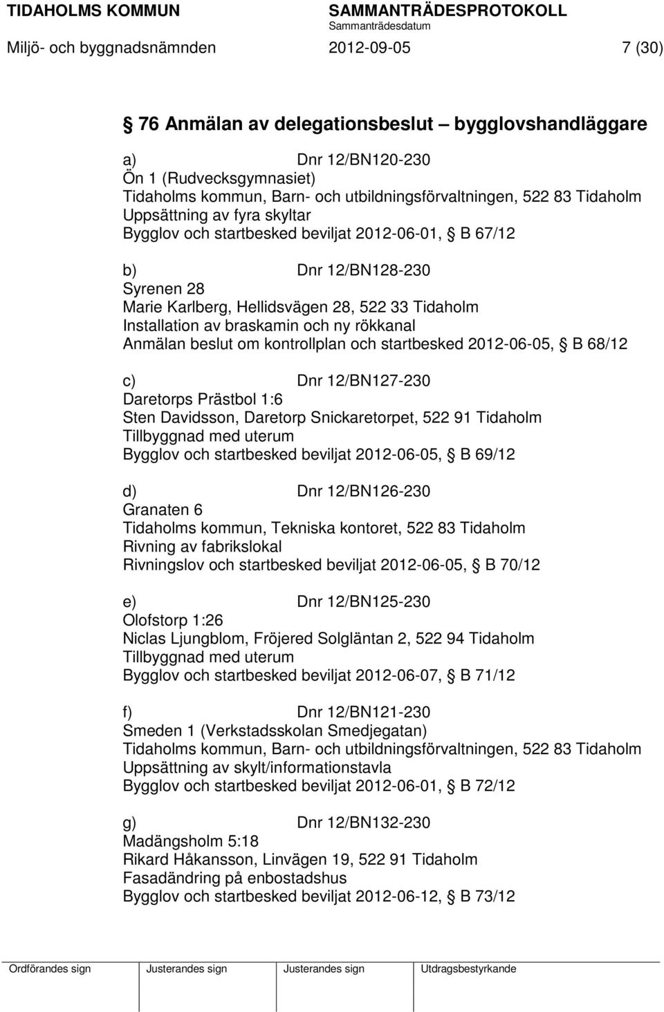 och ny rökkanal Anmälan beslut om kontrollplan och startbesked 2012-06-05, B 68/12 c) Dnr 12/BN127-230 Daretorps Prästbol 1:6 Sten Davidsson, Daretorp Snickaretorpet, 522 91 Tidaholm Tillbyggnad med