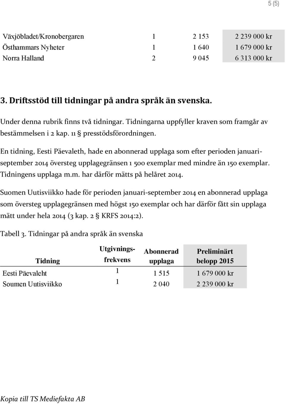 En tidning, Eesti Päevaleth, hade en abonnerad upplaga som efter perioden januariseptember 2014 översteg upplagegränsen 1 500 exemplar med mindre än 150 exemplar. Tidningens upplaga m.m. har därför mätts på helåret 2014.