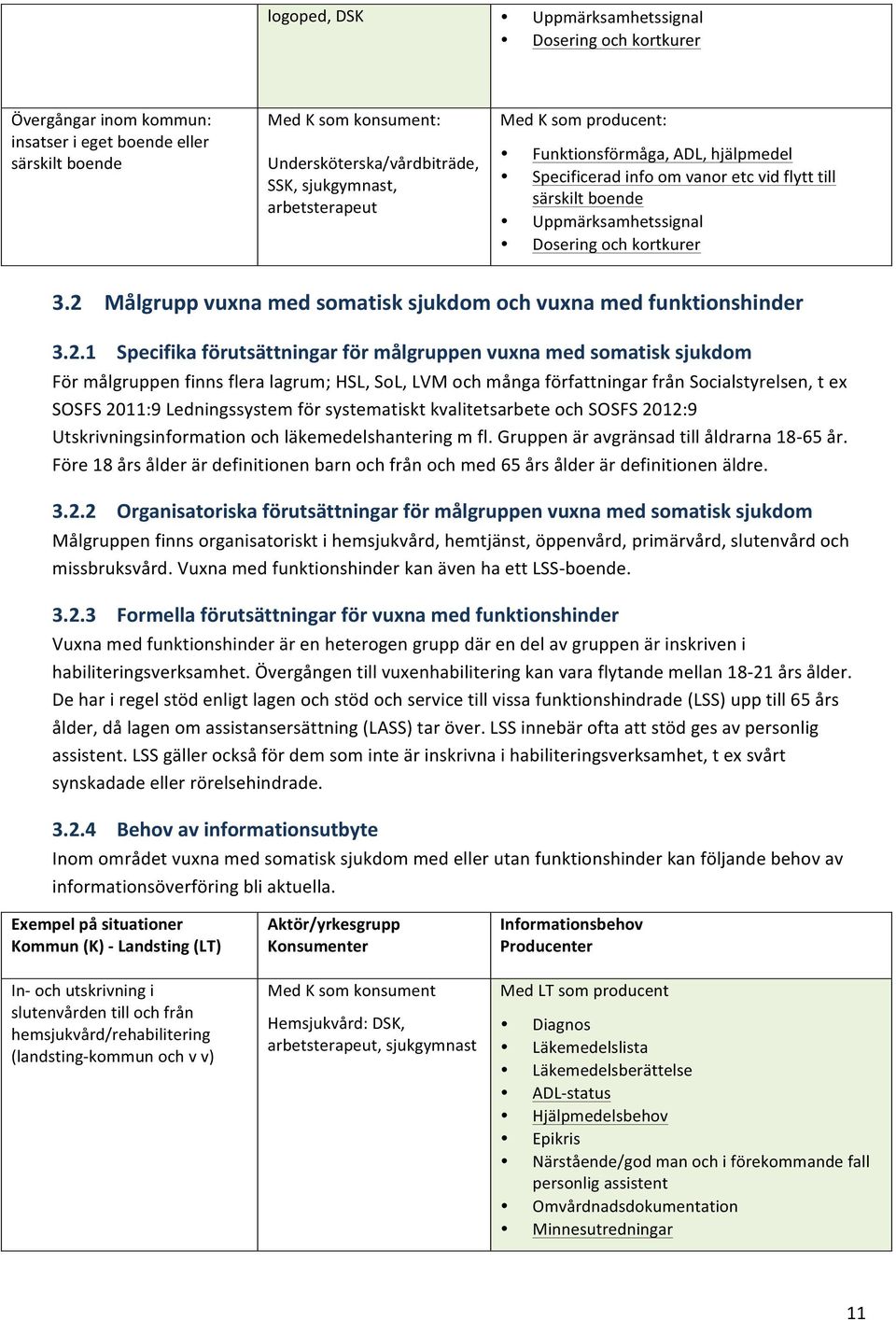 2 Målgrupp vuxna med somatisk sjukdom och vuxna med funktionshinder 3.2.1 Specifika förutsättningar för målgruppen vuxna med somatisk sjukdom För målgruppen finns flera lagrum; HSL, SoL, LVM och