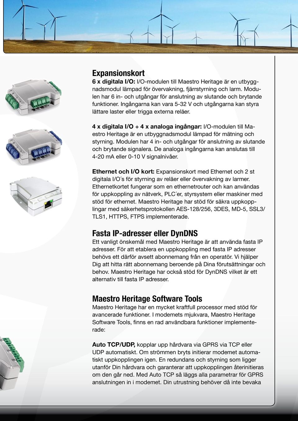 4 x digitala I/O + 4 x analoga ingångar: I/O-modulen till Maestro Heritage är en utbyggnadsmodul lämpad för mätning och styrning.