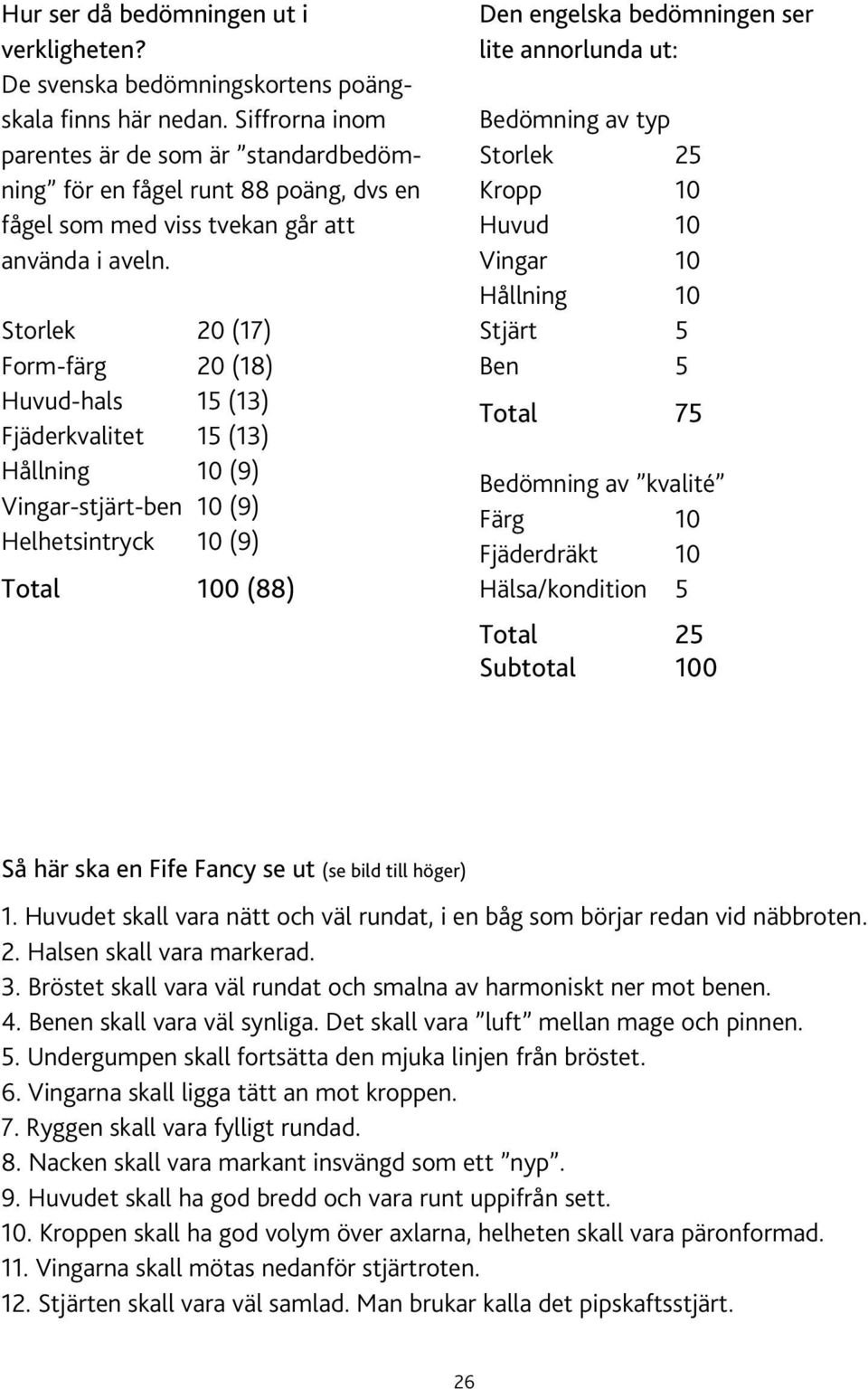 Storlek 20 (17) Form-färg 20 (18) Huvud-hals 15 (13) Fjäderkvalitet 15 (13) Hållning 10 (9) Vingar-stjärt-ben 10 (9) Helhetsintryck 10 (9) Total 100 (88) Den engelska bedömningen ser lite annorlunda