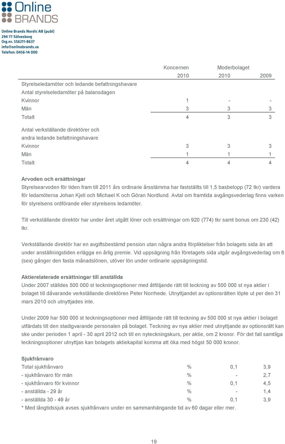 för ledamöterna Johan Kjell och Michael K och Göran Nordlund. Avtal om framtida avgångsvederlag finns varken för styrelsens ordförande eller styrelsens ledamöter.
