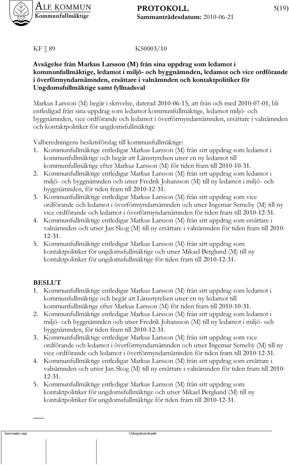 uppdrag som ledamot kommunfullmäktige, ledamot miljö- och byggnämnden, vice ordförande och ledamot i överförmyndarnämnden, ersättare i valnämnden och kontaktpolitiker för ungdomsfullmäktige