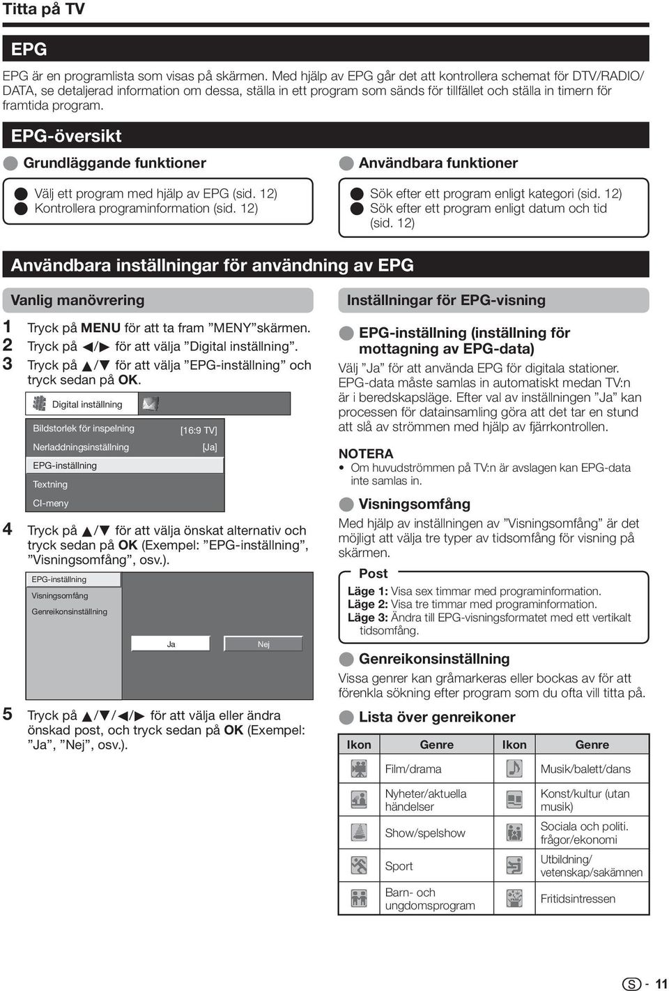 EPG-översikt E Grundläggande funktioner E Välj ett program med hjälp av EPG (sid. ) E Kontrollera programinformation (sid. ) E Användbara funktioner E Sök efter ett program enligt kategori (sid.