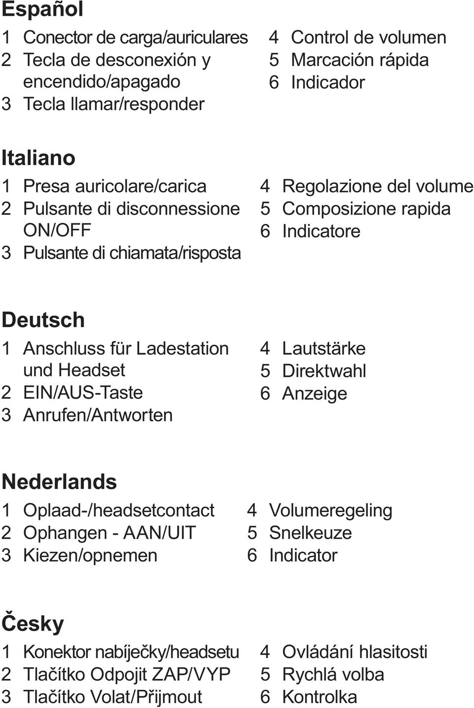 Composizione rapida 6 Indicatore Deutsch 1 Anschluss für Ladestation und Headset 2 EIN/AUS-Taste 3 Anrufen/Antworten 4 Lautstärke 5 Direktwahl 6