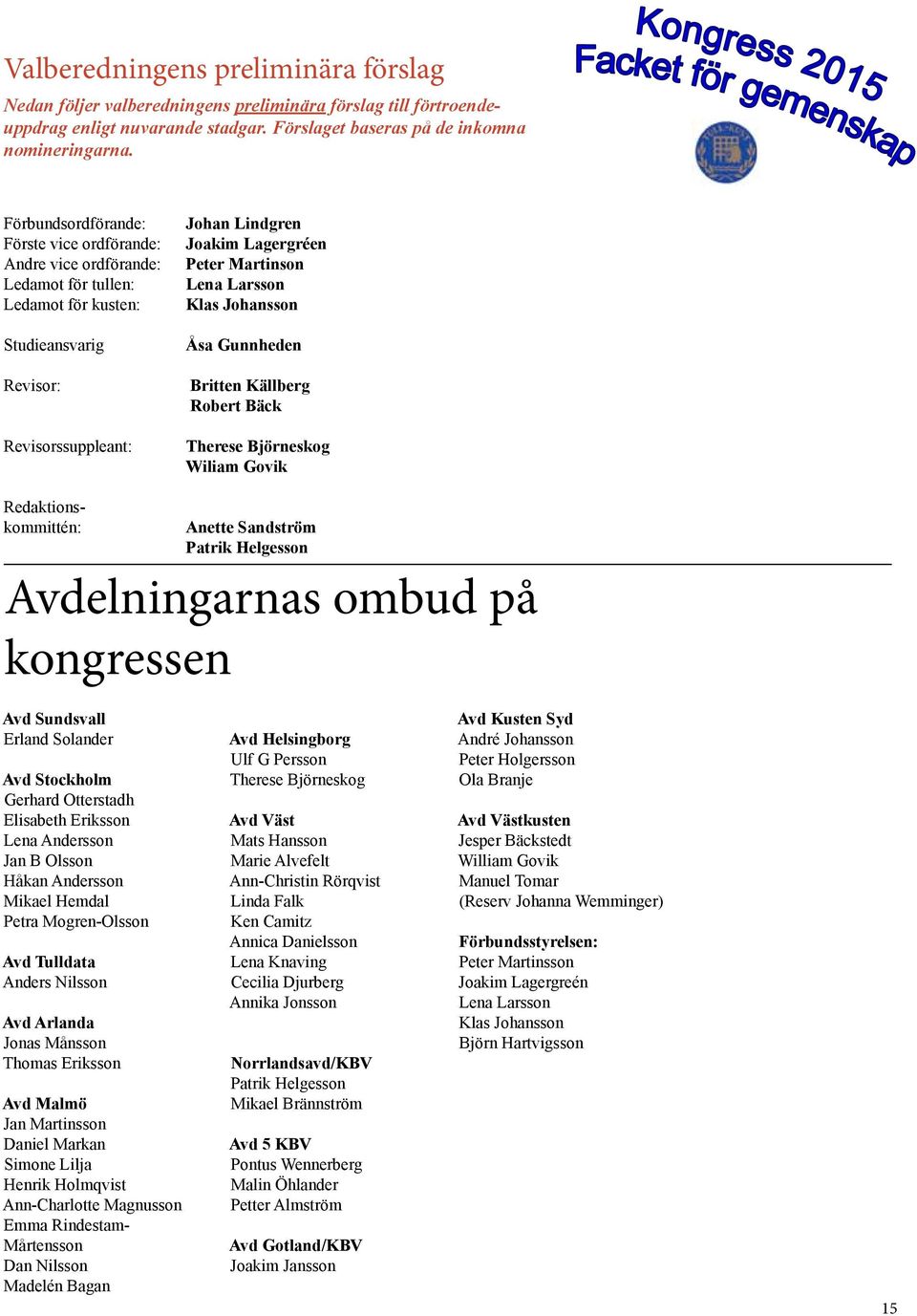 Lena Larsson Klas Johansson Åsa Gunnheden Britten Källberg Robert Bäck Therese Björneskog Wiliam Govik Redaktionskommittén: Anette Sandström Patrik Helgesson Avdelningarnas ombud på kongressen Avd