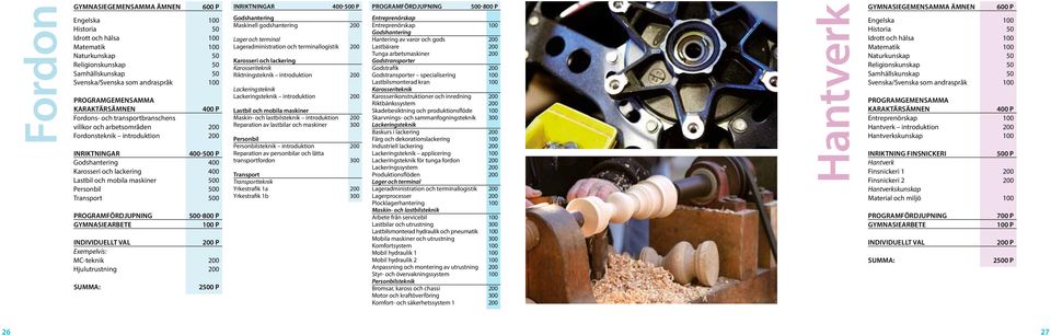 introduktion 200 Inriktningar 400-500 p Godshantering 400 Karosseri och lackering 400 Lastbil och mobila maskiner 500 Personbil 500 Transport 500 Programfördjupning Gymnasiearbete 500-800 p 100 p