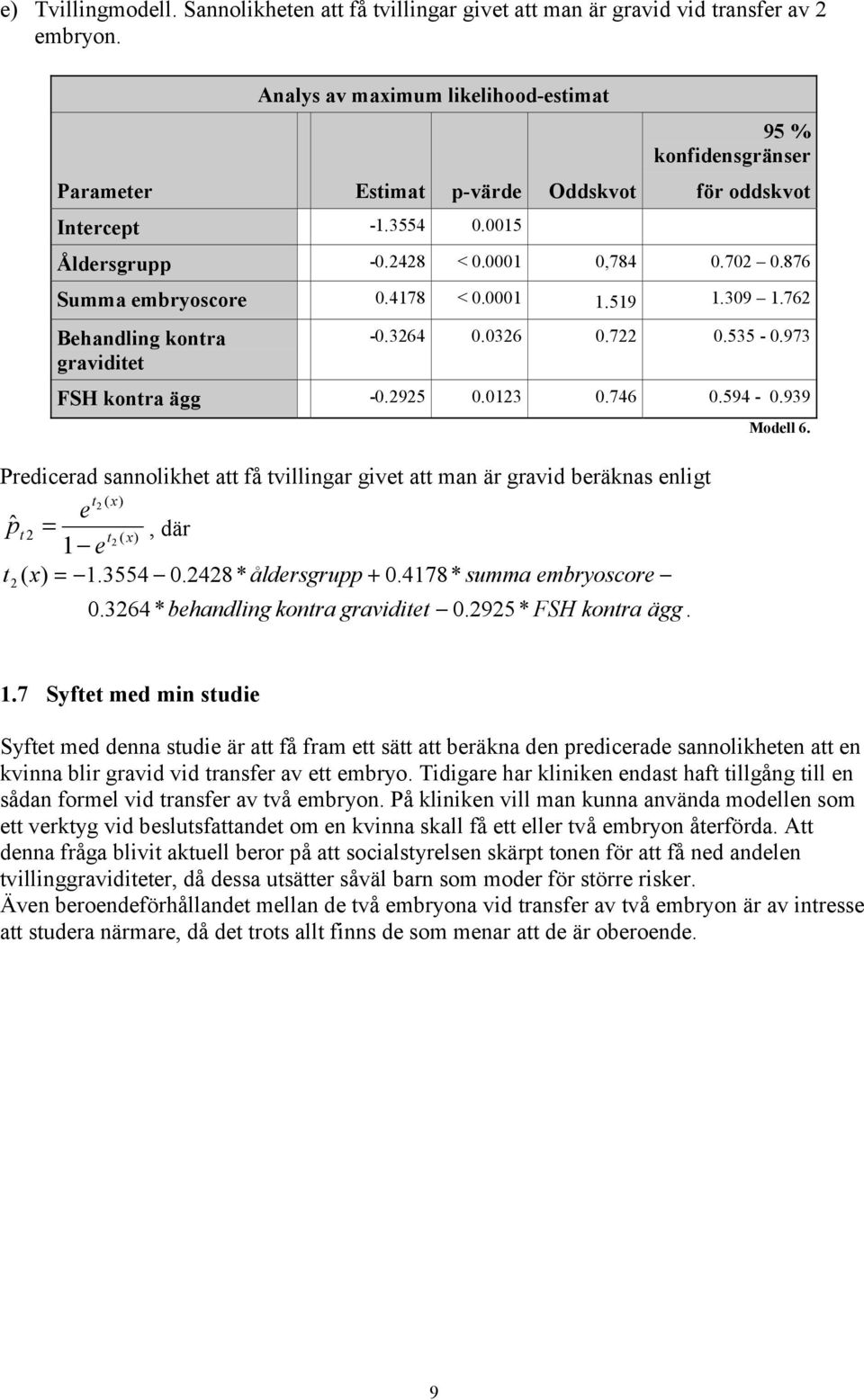 973 FSH kontra ägg -0.2925 0.0123 0.746 0.594-0.939 Predicerad sannolikhet att få tvillingar givet att man är gravid beräknas enligt t2 ( x) e t 2 = t2 ( x), där 1 e t2 ( x) = 1.3554 0.