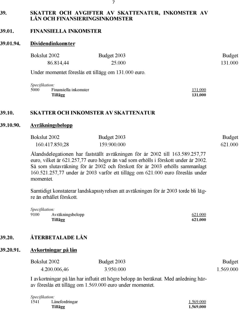 417.850,28 159.900.000 621.000 Ålandsdelegationen har fastställt avräkningen för år 2002 till 163.589.257,77 euro, vilket är 621.257,77 euro högre än vad som erhölls i förskott under år 2002.