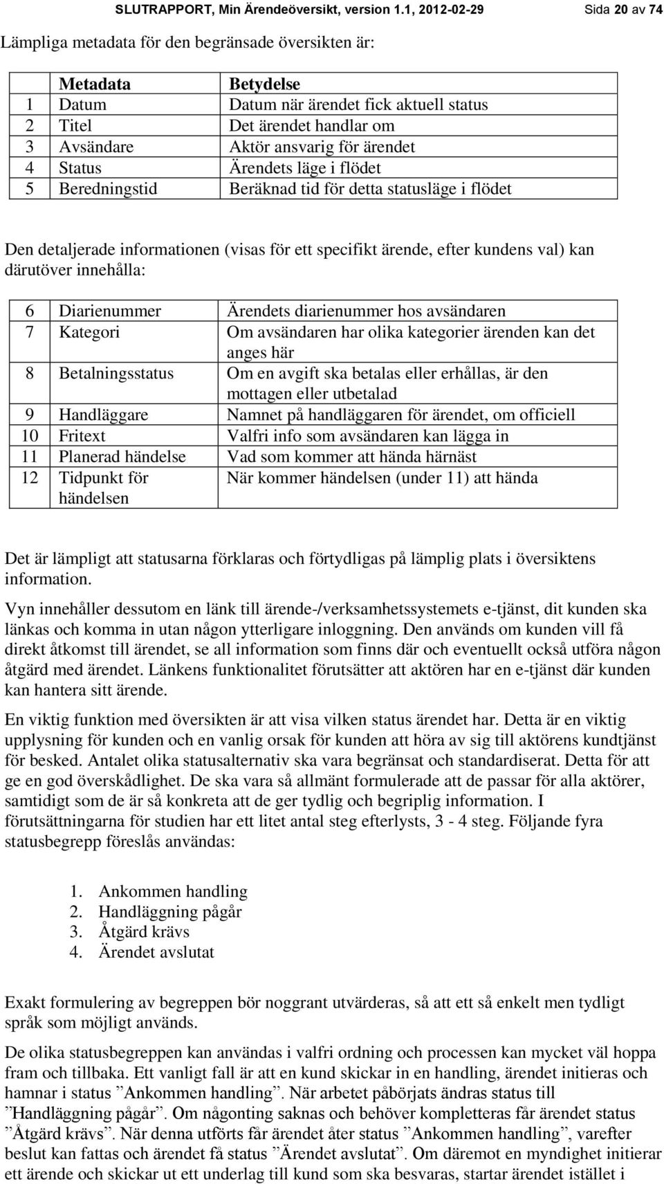 ansvarig för ärendet 4 Status Ärendets läge i flödet 5 Beredningstid Beräknad tid för detta statusläge i flödet Den detaljerade informationen (visas för ett specifikt ärende, efter kundens val) kan