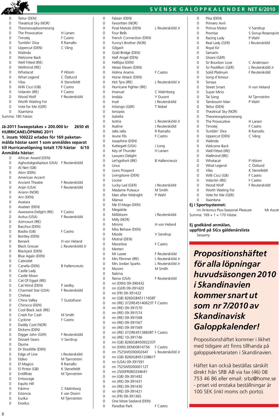 Reuterskiöld 0 Worth Waiting For 0 Vote for Me (GER) 0 Xaantana Summa: 185 hästar. Jä-2011 Sweepstakes + 200.000 kr 2650 dt HURRICANELÖPNING 2011 1.