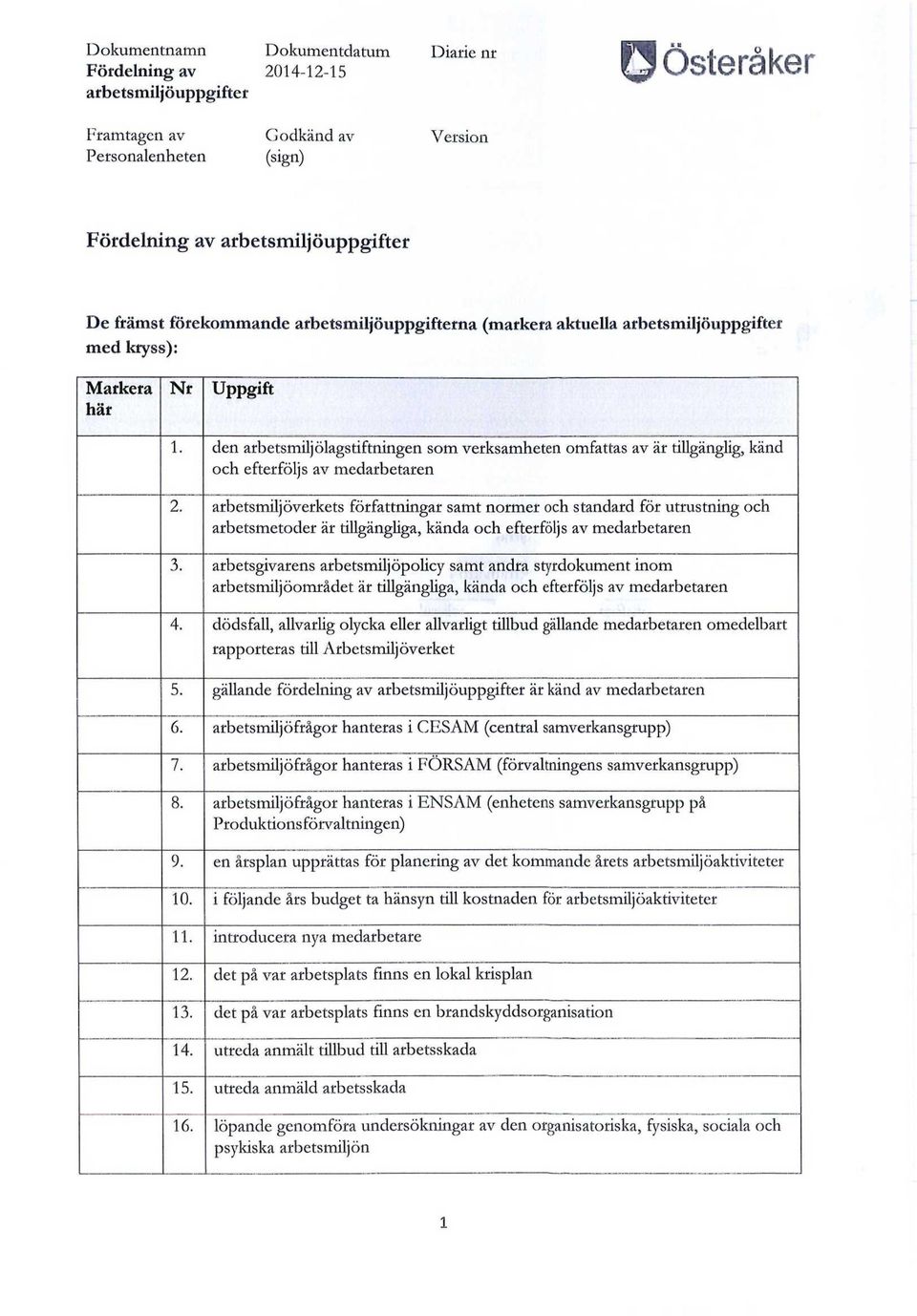 arbetsmiljöverkets författningar samt normer och standard för utrustning och arbetsmetoder är tillgängliga, kända och efterföljs av medarbetaren 3.