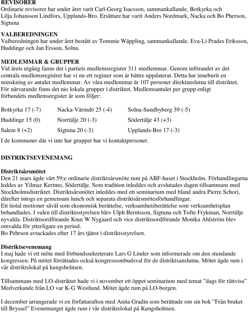 Eva-Li Prades Eriksson, Huddinge och Jan Ersson, Solna. MEDLEMMAR & GRUPPER Vid årets utgång fanns det i partiets medlemsregister 311 medlemmar.