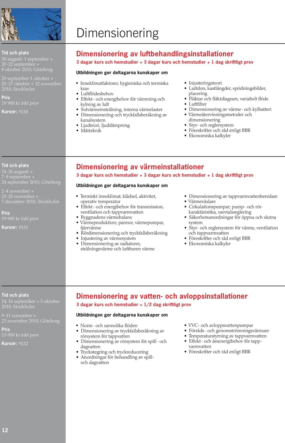 krav Luftflödesbehov Effekt- och energibehov för värmning och kylning av luft Solvärmeinstrålning, interna värmelaster Dimensionering och tryckfallsberäkning av kanalsystem Ljudteori, ljuddämpning