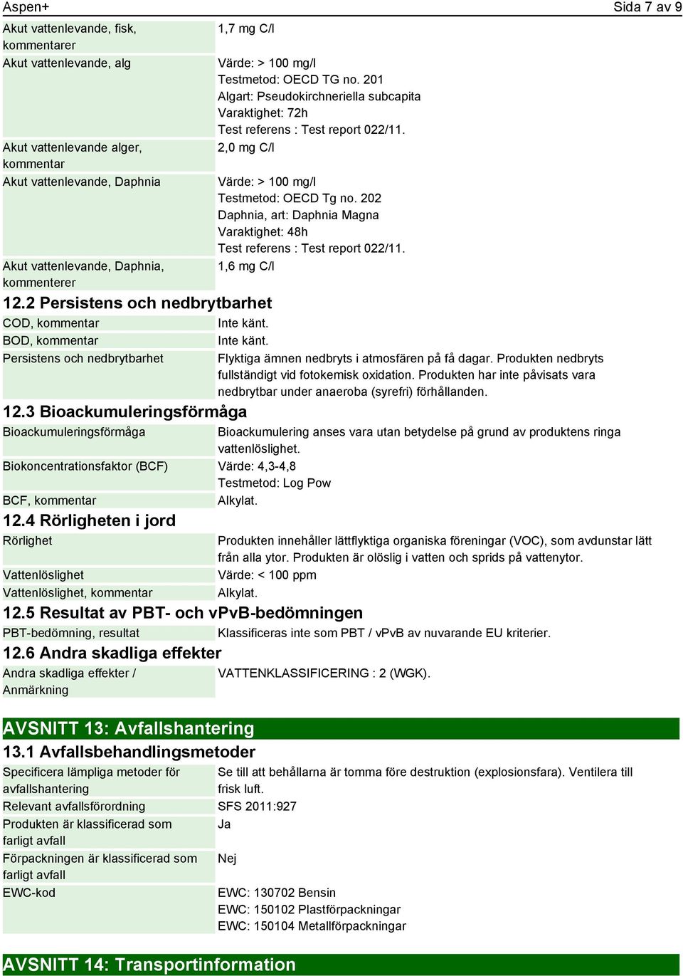 201 Algart: Pseudokirchneriella subcapita Varaktighet: 72h Test referens : Test report 022/11. 2,0 mg C/l Värde: > 100 mg/l Testmetod: OECD Tg no.