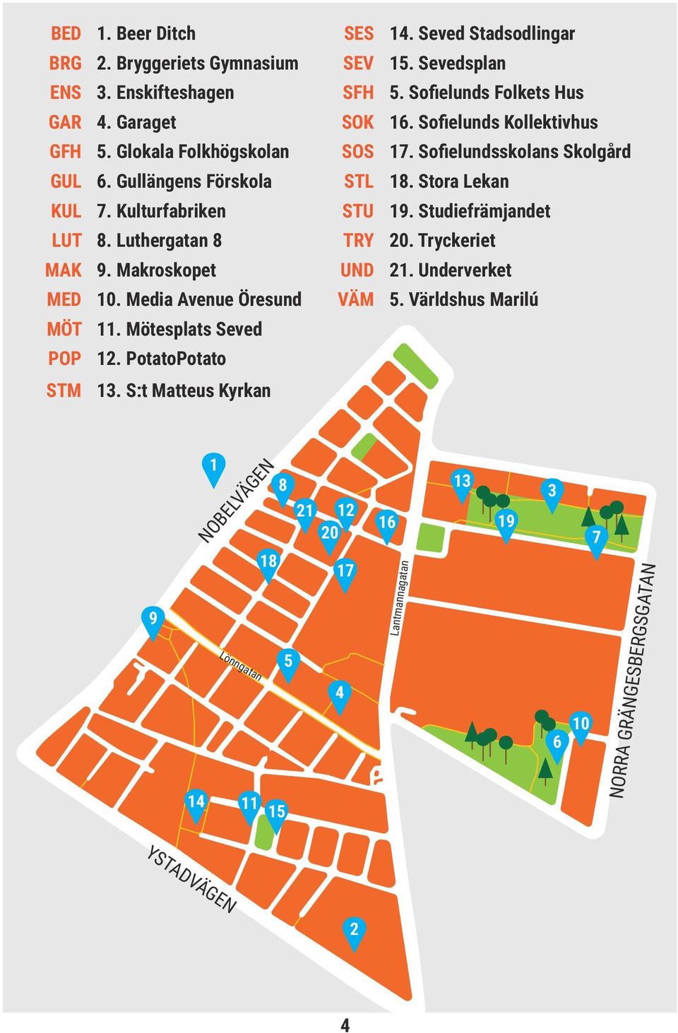 S:t Matteus Kyrkan SES SEV SFH SOK SOS STL STU TRY UND VÄM 14. Seved Stadsodlingar 15. Sevedsplan 5. Sofielunds Folkets Hus 16. Sofielunds Kollektivhus 17.