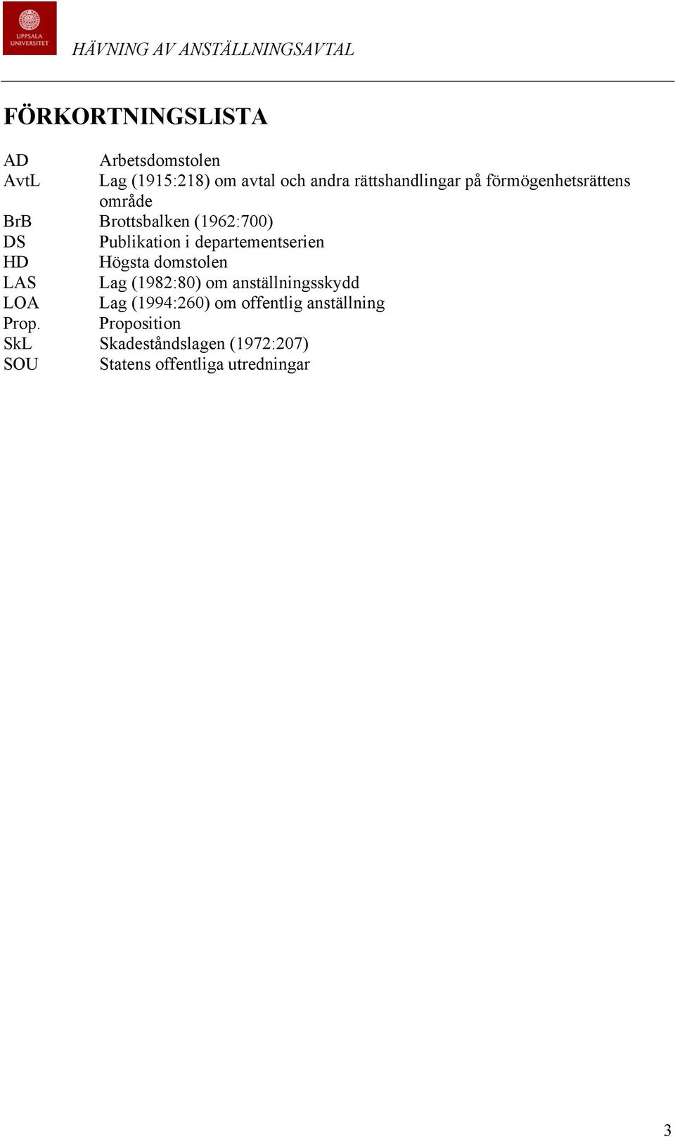 HD Högsta domstolen LAS Lag (1982:80) om anställningsskydd LOA Lag (1994:260) om offentlig