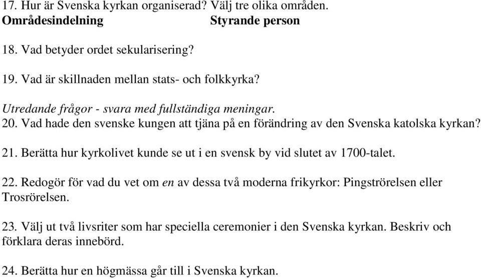 Vad hade den svenske kungen att tjäna på en förändring av den Svenska katolska kyrkan? 21. Berätta hur kyrkolivet kunde se ut i en svensk by vid slutet av 1700-talet.