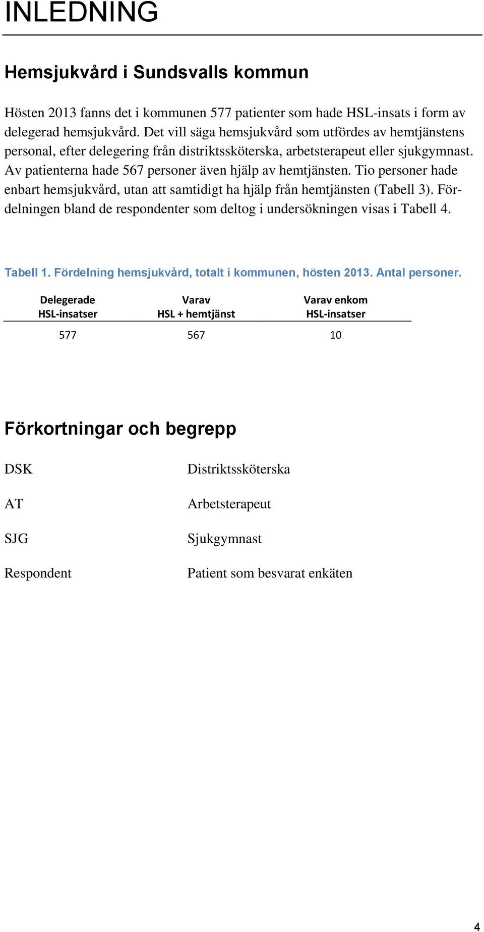 Tio personer hade enbart hemsjukvård, utan att samtidigt ha hjälp från hemtjänsten (Tabell 3). Fördelningen bland de respondenter som deltog i undersökningen visas i Tabell 4. Tabell 1.