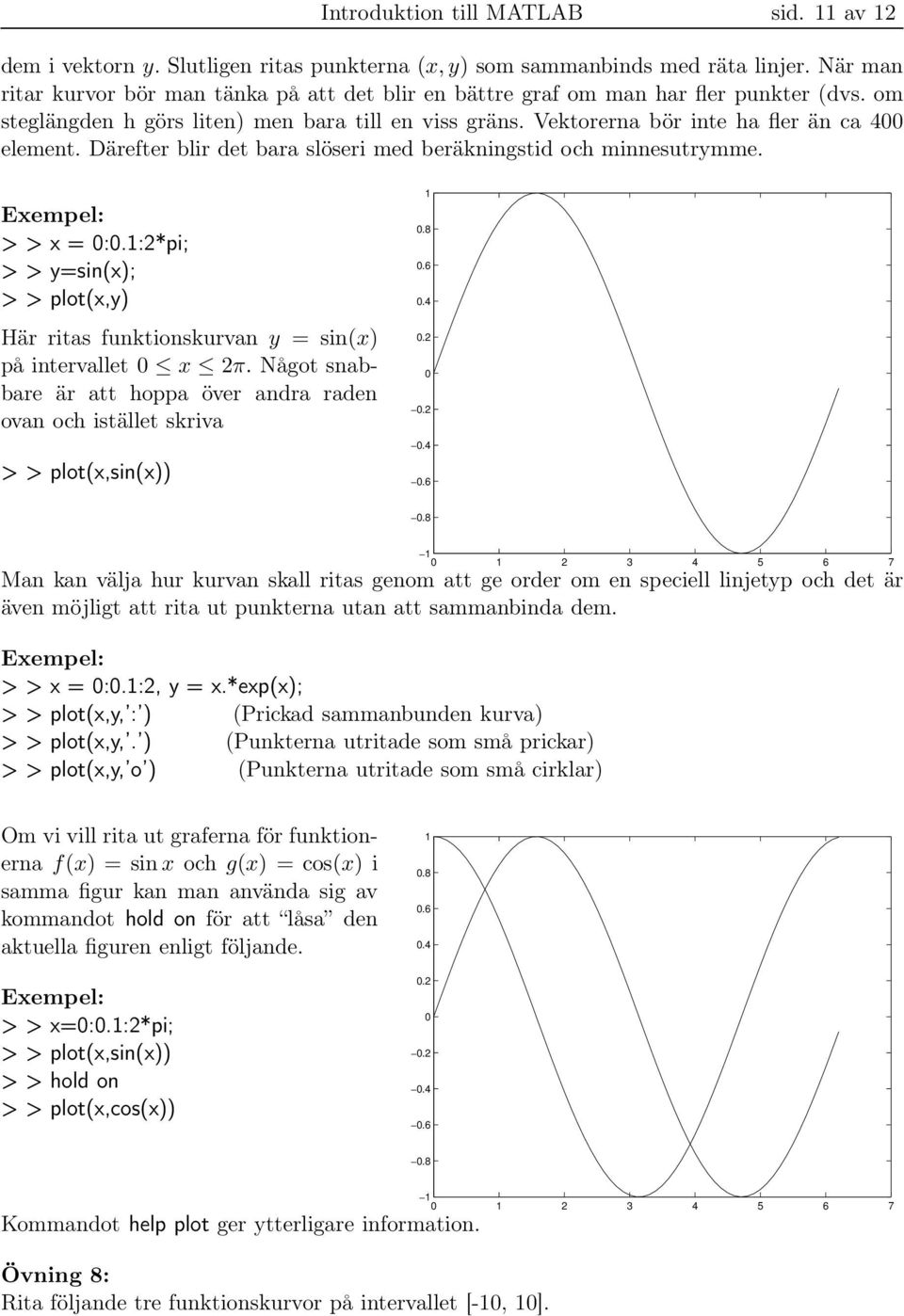 Därefter blir det bara slöseri med beräkningstid och minnesutrymme. > > x = 0:0.1:2*pi; > > y=sin(x); > > plot(x,y) Här ritas funktionskurvan y = sin(x) på intervallet 0 x 2π.