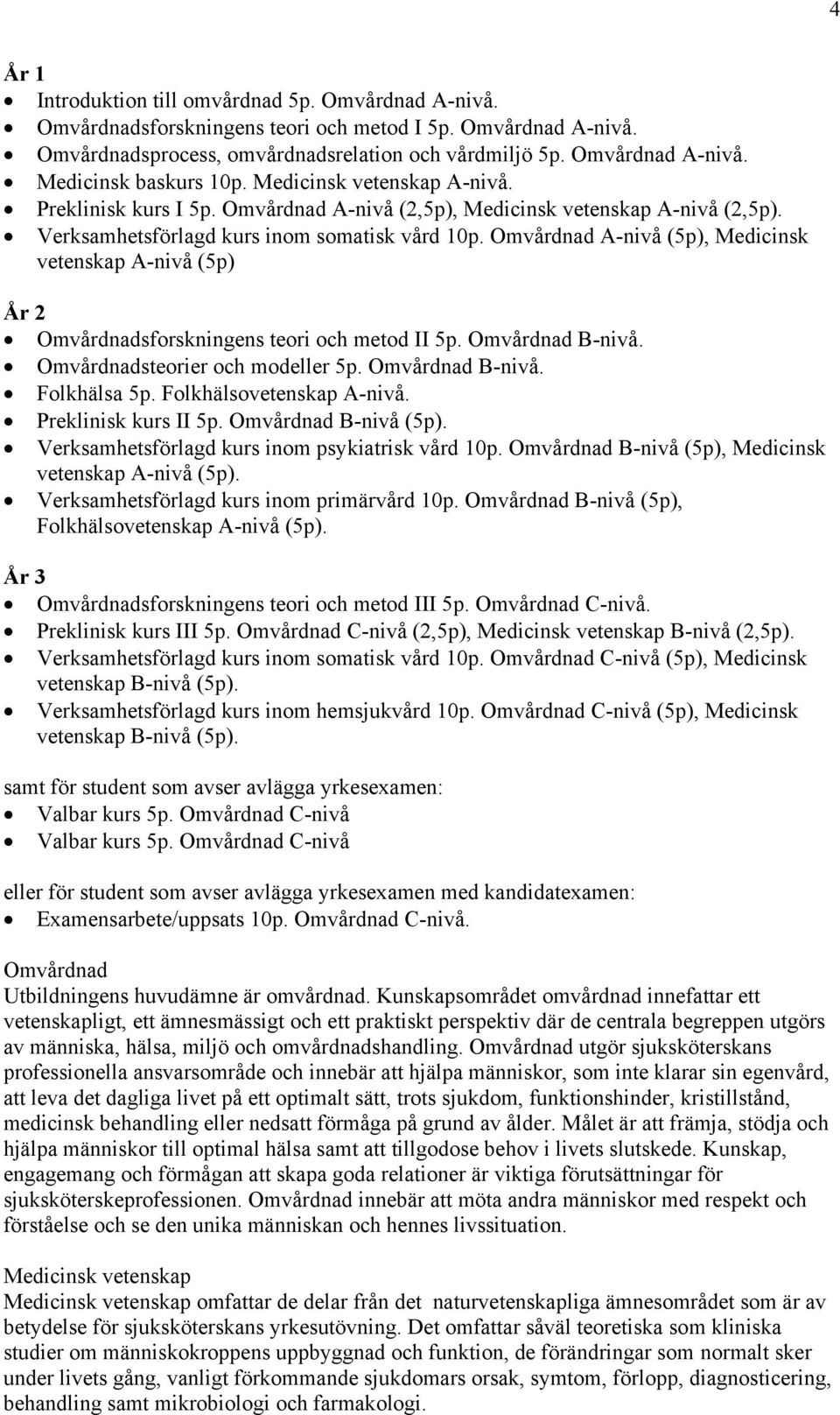 Omvårdnad A-nivå (), Medicinsk vetenskap A-nivå () År 2 Omvårdnadsforskningens teori och metod II. Omvårdnad B-nivå. Omvårdnadsteorier och modeller. Omvårdnad B-nivå. Folkhälsa.