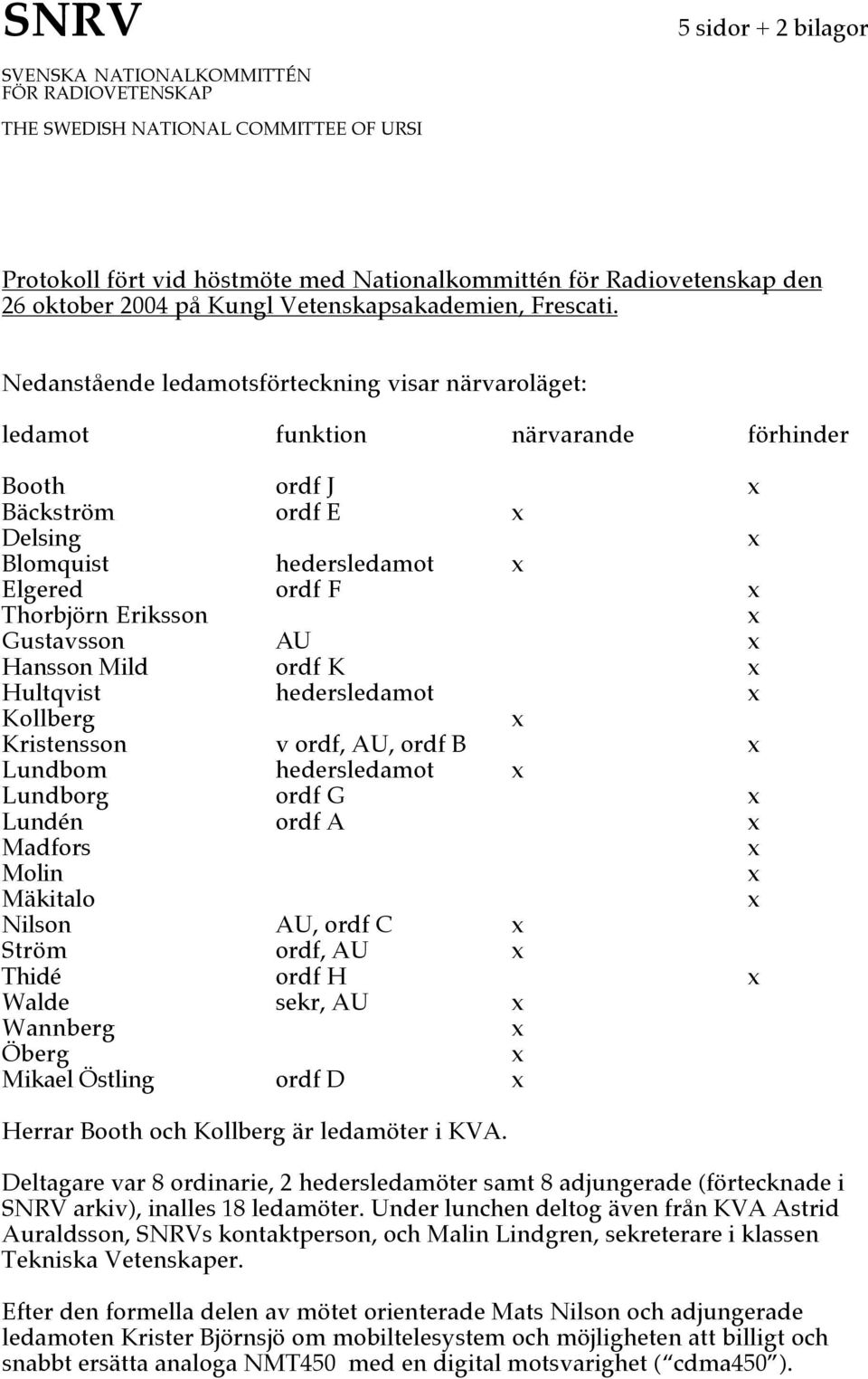 Nedanstående ledamotsförteckning visar närvaroläget: ledamot funktion närvarande förhinder Booth ordf J Bäckström ordf E Delsing Blomquist hedersledamot Elgered ordf F Thorbjörn Eriksson Gustavsson