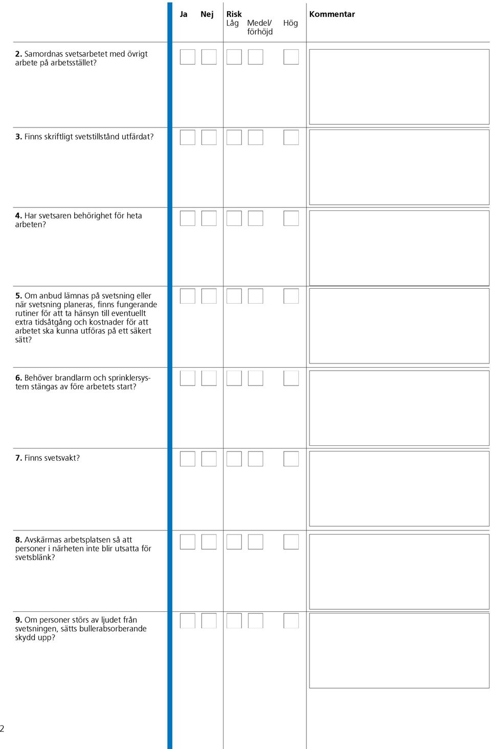 arbetet ska kunna utföras på ett säkert sätt? 6. Behöver brandlarm och sprinklersystem stängas av före arbetets start? 7. Finns svetsvakt? 8.