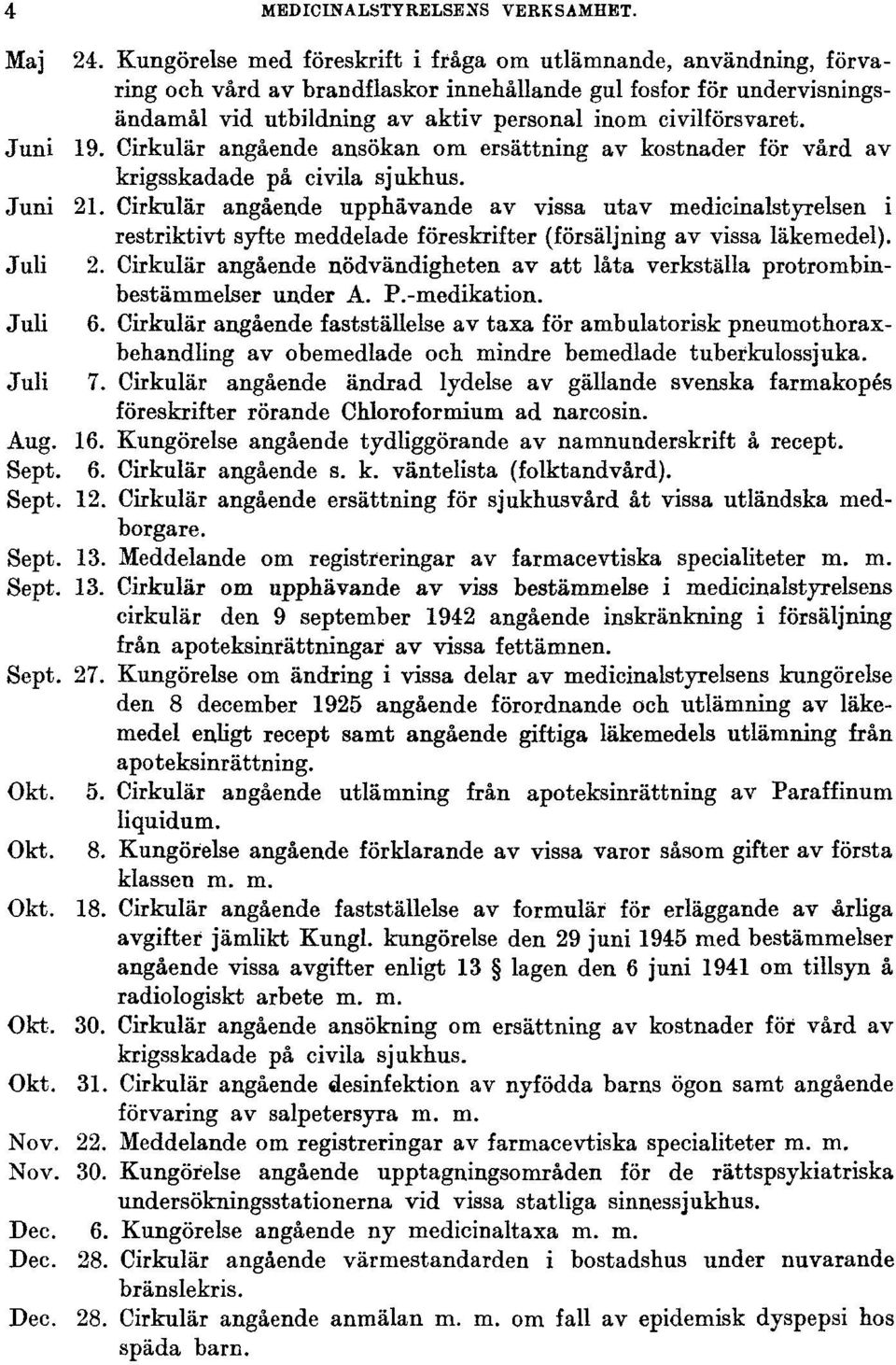 Juni 19. Cirkulär angående ansökan om ersättning av kostnader för vård av krigsskadade på civila sjukhus. Juni 21.