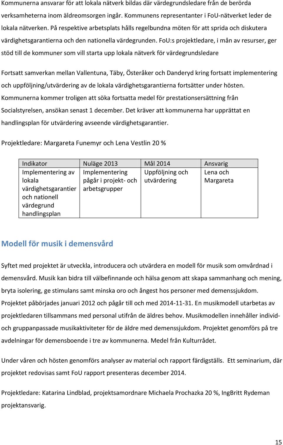 FoU:s projektledare, i mån av resurser, ger stöd till de kommuner som vill starta upp lokala nätverk för värdegrundsledare Fortsatt samverkan mellan Vallentuna, Täby, Österåker och Danderyd kring