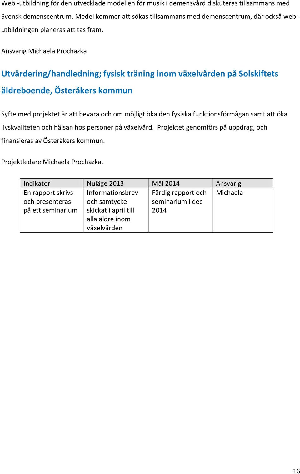 Ansvarig Michaela Prochazka Utvärdering/handledning; fysisk träning inom växelvården på Solskiftets äldreboende, Österåkers kommun Syfte med projektet är att bevara och om möjligt öka den fysiska