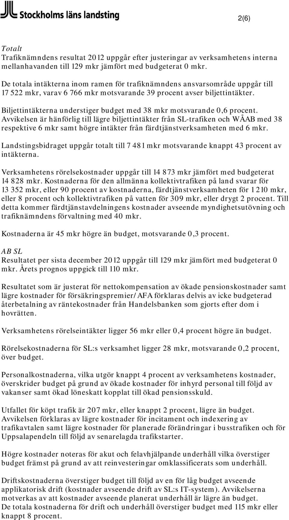 Biljettintäkterna understiger budget med 38 mkr motsvarande 0,6 procent.