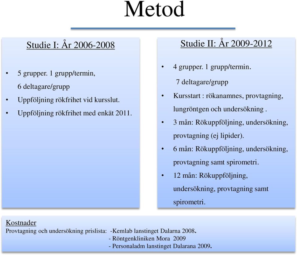 3 mån: Rökuppföljning, undersökning, provtagning (ej lipider). 6 mån: Rökuppföljning, undersökning, provtagning samt spirometri.