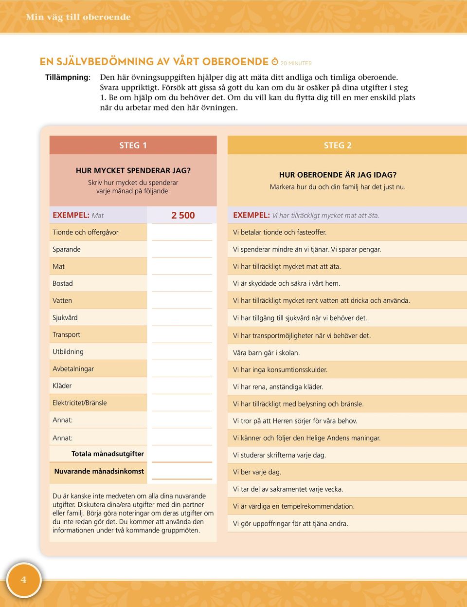 STEG 1 STEG 2 HUR MYCKET SPENDERAR JAG? Skriv hur mycket du spenderar varje månad på följande: HUR OBEROENDE ÄR JAG IDAG? Markera hur du och din familj har det just nu.