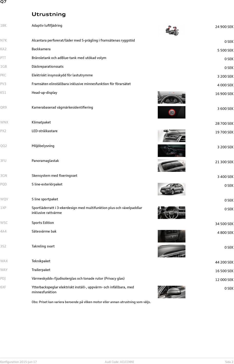 Kamerabaserad vägmärkesidentifiering 3 600 SEK WNX Klimatpaket 28 700 SEK PX2 LED-strålkastare 19 700 SEK QQ2 Miljöbelysning 3 200 SEK 3FU Panoramaglastak 21 300 SEK 3GN Skensystem med fixeringsset 3