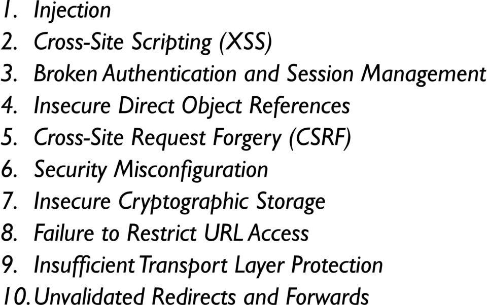 Cross-Site Request Forgery (CSRF) 6. Security Misconfiguration 7.