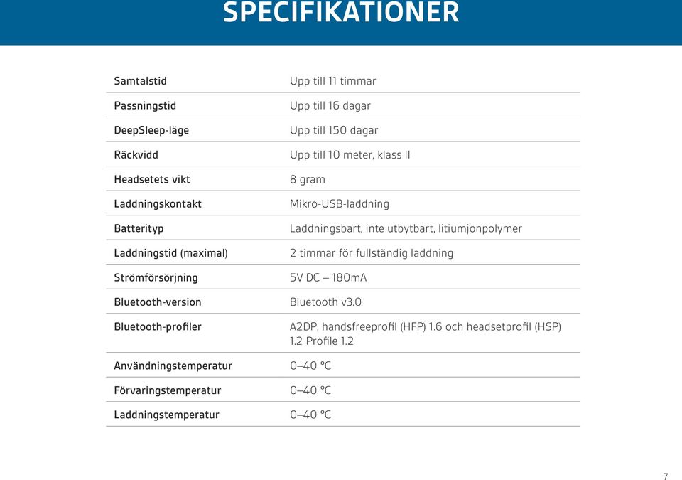 Laddningsbart, inte utbytbart, litiumjonpolymer 2 timmar för fullständig laddning 5V DC 180mA Bluetooth-version Bluetooth v3.