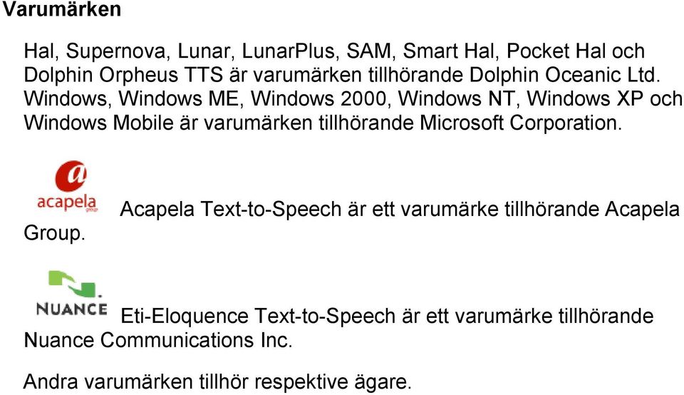 Windows, Windows ME, Windows 2000, Windows NT, Windows XP och Windows Mobile är varumärken tillhörande Microsoft