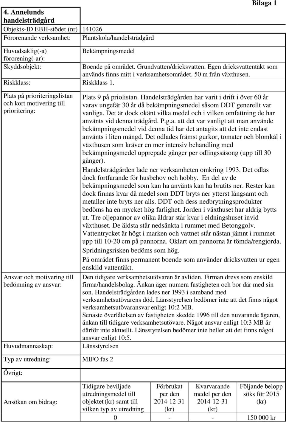 Plats på prioriteringslistan och kort motivering till prioritering: Ansvar och motivering till bedömning av ansvar: Huvudmannaskap: Plats 9 på priolistan.